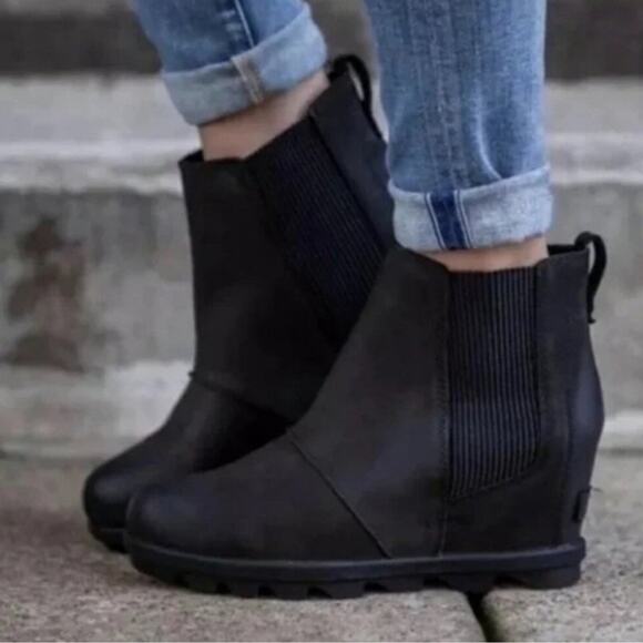 Sorel Ankle Boots Women 8 Joan Of Artic Wedge II Black Nubuck Leather Waterproof - Picture 1 of 10